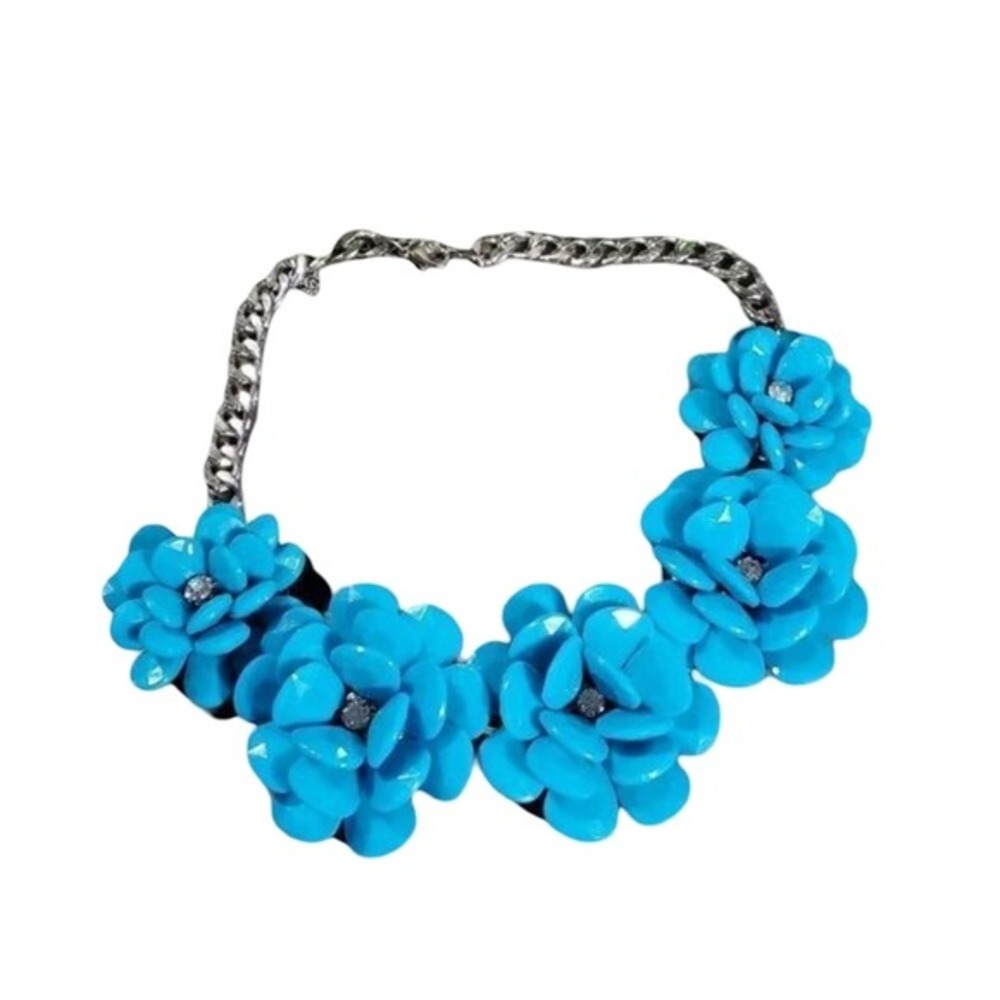 Treska Turquoise Blue 3D Floral Statement Bib Necklace‎ Curb Chain Rhinestone
